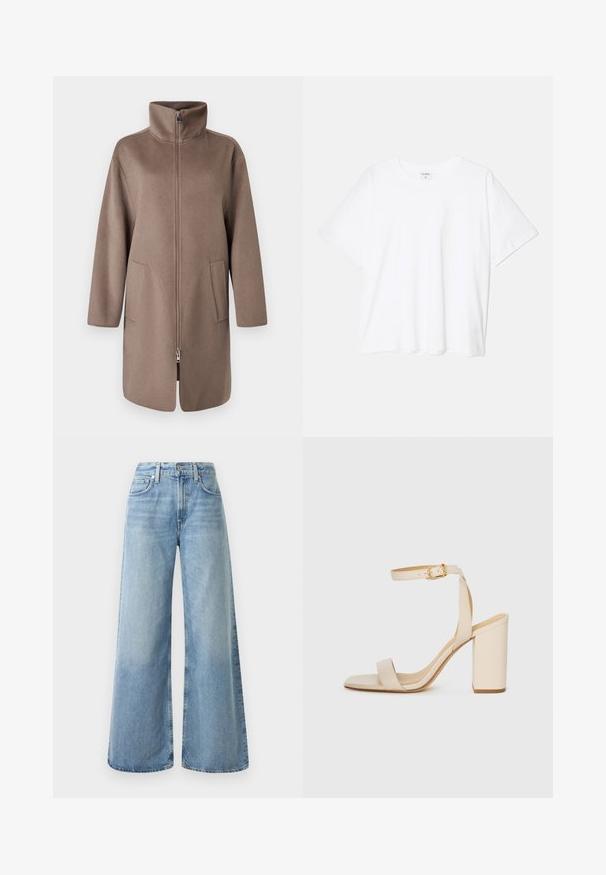 Casaco de lã castanho com colarinho alto, fecho éclair na frente e dois bolsos laterais. Apresenta um corte descontraído e design de comprimento médio.; T-shirt de algodão branco com mangas curtas, decote redondo, corte descontraído e bainha cosida. Etiqueta visível no interior do pescoço.; Jeans de ganga de perna larga azul clara com cintura alta, apresentando quatro bolsos, fecho de botão e desbotamento subtil no tecido.; Sandalha de salto alto bege com bico quadrado, tira fina no tornozelo e salto bloco. Textura de couro suave com detalhe de fivela dourada.