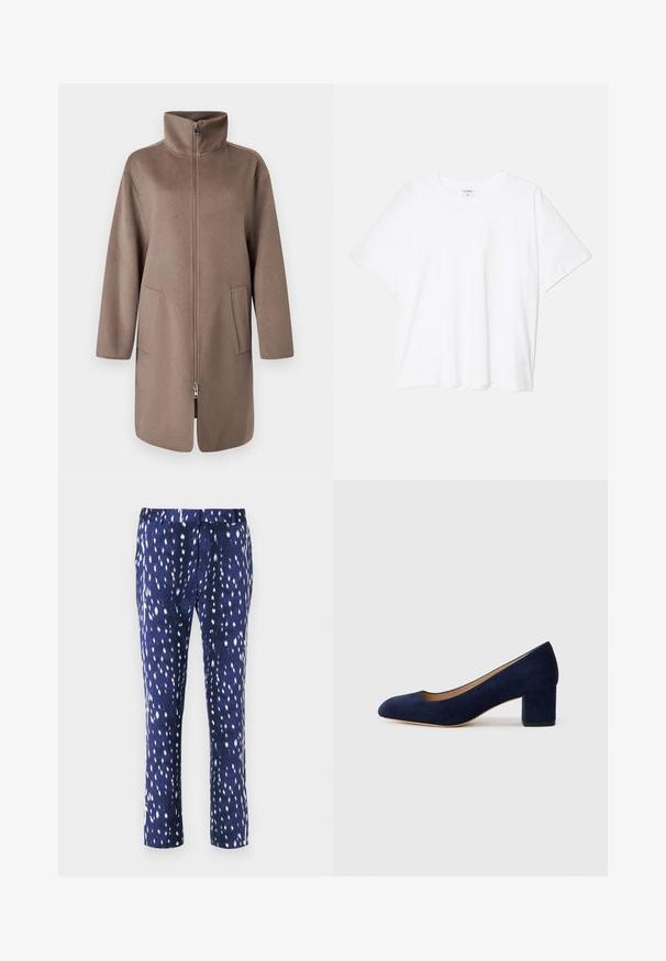 Casaco de lã castanho com colarinho alto, fecho éclair na frente e dois bolsos laterais. Apresenta um corte descontraído e design de comprimento médio.; T-shirt de algodão branco com mangas curtas, decote redondo, corte descontraído e bainha cosida. Etiqueta visível no interior do pescoço.; Calças com padrão em azul-marinho e textura suave, apresentando um design salpicado em branco e corte de perna reta. Ideais para uso casual ou semi-formal.; Salgados de camurça azul-marinho com bico fino e um salto quadrado de altura média. Textura suave com um ligeiro brilho e um pequeno corte na parte da frente.