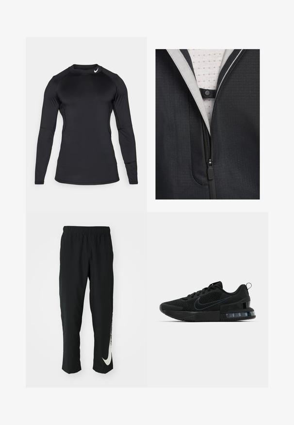 Black jacket featuring a zippered front, textured fabric, and a light-colored lining with a grid pattern. Includes a snap button detail.; Black long-sleeve athletic shirt made of smooth, stretchy fabric with a crew neckline and discreet logo on the upper left.; Black athletic pants with elastic waistband, tapering design, featuring a large white Nike logo on the left leg. Soft, lightweight fabric.; Black Nike athletic shoe featuring a mesh upper, rubber sole, padded collar, and a distinct transparent heel accent.