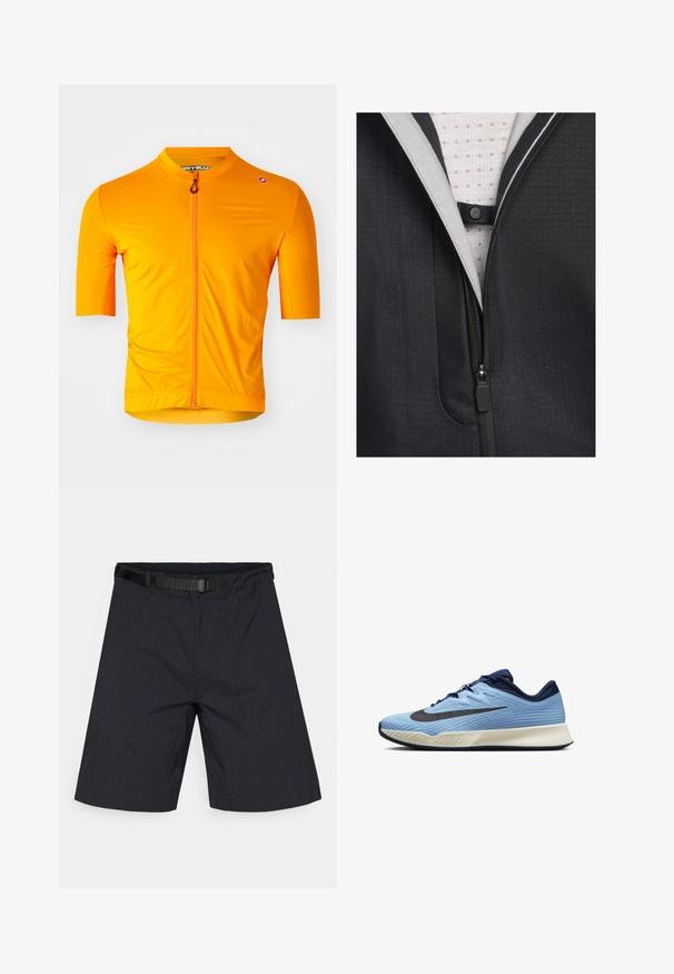Black jacket featuring a zippered front, textured fabric, and a light-colored lining with a grid pattern. Includes a snap button detail.; Short-sleeve cycling jersey in bright orange, made of lightweight fabric with a full front zipper and a fitted design. Textured surface detail.; Black shorts made from lightweight fabric, featuring a flat front, side pockets, and an adjustable belt at the waist.; Light blue and navy athletic shoe with cushioned white sole and black Nike swoosh logo, shown in side profile on white background.