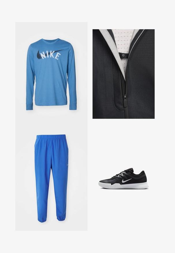 Juodas švarkas su užtrauktuku priekyje, tekstūruota medžiaga ir šviesios spalvos pamušalu su tinklelio raštu. Įskaičiuota snap užsegimo detalė.; Nike Performance TEE - Ilgarankovis viršutinės dalies drabužis - aegean storm; Mėlynos sportinės kelnės su elastine juosta, tiesios kojos dizainu ir siaurėjantys rankogaliai. Kairėje pusėje yra auksinis Nike logotipas.; Juodos sportinės bateliai su tekstūruota viršutine dalimi, balta Nike swoosh ir balta gumine išorine dalimi. Yra su raištelių užsegimo dizainu ir dinamine forma.