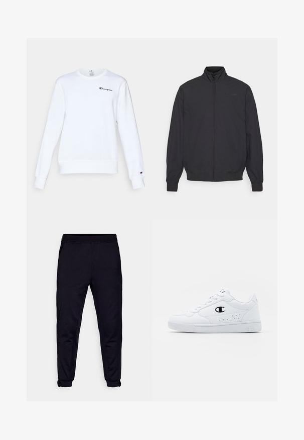 Veste noire zippée avec un col haut, des poignets élastiques et un ourlet. Design minimaliste avec un petit logo sur la poitrine. Tissu léger.; Sweat-shirt blanc en coton avec des manches longues, col rond, finitions côtelées aux poignets et à l'ourlet, arborant un petit logo "Champion" noir sur la poitrine.; Pantalons de jogging noirs en tissu doux avec des zips sur les côtés, une taille élastique et des poignets ajustés aux chevilles.; Baskets de sport blanches avec une tige synthétique lisse, accent logo noir et détails perforés sur le côté. Semelle en caoutchouc.