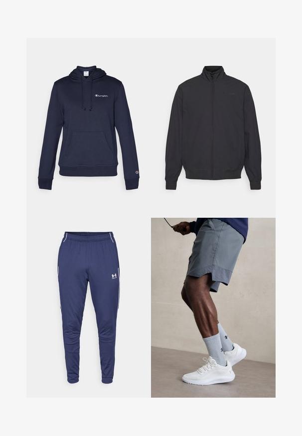 Musta vetoketjullinen takki, jossa on korkea kaulus, joustavat hihansuut ja helma. Ominaisuuksiin kuuluu minimalistinen muotoilu ja pieni logo rinnassa. Kevyt kangas.; Merin avokadopaita, jossa on etutasku, nyörillinen huppu ja hillitty kirjailtu logo. Pehmeä kangas ribbatulla hihansuulla ja helmalla.; Under Armour CHALLENGER TRAINING - Verryttelyhousut - midnight navy/white; Valkoiset urheilukengät, joissa on karkea verkkomateriaali, yhdessä vaaleansinisten ribattujen sukkien kanssa, joissa on logo. Harmaat urheiluhousut, joissa on rei'itetty reunus.