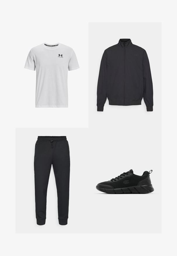 Zwarte ritsjack met hoge kraag, elastische manchetten en zoom. Heeft een minimalistisch ontwerp en een klein logo op de borst. Lichtgewicht stof.; Witte T-shirt met korte mouwen van katoen, met een ronde halslijn en een zwart Under Armour-logo op de linkerborst.; Zwarte sportieve joggers met een elastische tailleband met trekkoord, zijzakken met rits en geribbelde boorden. Gemaakt van een zachte, gestructureerde stof.; Zwarte sport sneakers met een bovenwerk van mesh, versterkte neus, gestructureerde middenzool en een achterkant met een trekband voor eenvoudig aan- en uittrekken. Logo aan de zijkant weergegeven.