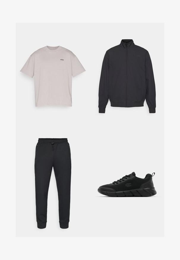 Schwarze Zip-Jacke mit hohem Kragen, elastischen Bündchen und Saum. Verfügt über ein minimalistisches Design und ein kleines Logo auf der Brust. Leichter Stoff.; Under Armour LOGO WASH - T-Shirt basic - tetra gray/white; Schwarze sportliche Jogginghosen mit einem elastischen Bund und Kordelzug, seitlichen Reißverschlusstaschen und gerippten Bündchen. Hergestellt aus einem weichen, strukturierten Stoff.; Schwarze Sport Sneakers mit einem Obermaterial aus Mesh, verstärkter Zehenkappe, strukturiertem Mittelsohle und einem Zuglasche an der Hinterseite für einfaches Anziehen. Logo an der Seite angebracht.
