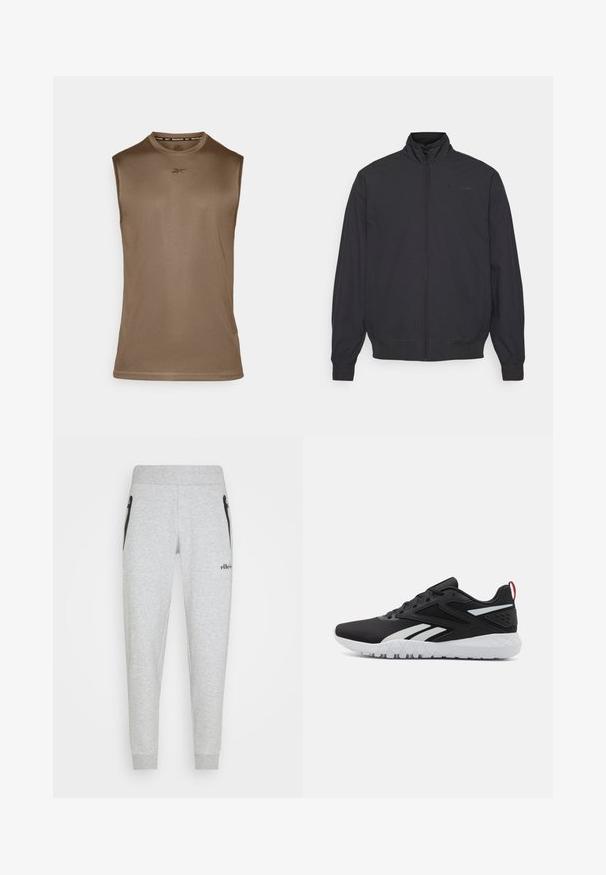 Fekete cipzáras dzseki magas gallérral, elasztikus mandzsettákkal és szegéllyel. Minimalista dizájn, apró logóval a mellkason. Könnyű anyag.; Barna izom tank top sima anyagból, kerek nyakkivágással és ujjatlan dizájnnal rendelkezik. A közepén a Reebok logó nyomtatva.; Szürke, puha anyagból készült melegítőnadrág, oldalán cipzáras zsebekkel és bordázott derékrésszel. Diszkrét márkázás látható az elején.; Fekete sportcipők, hálós felsőrésszel, fehér részletekkel, textúrázott talppal és piros sarkú szalaggal a további részletekért.