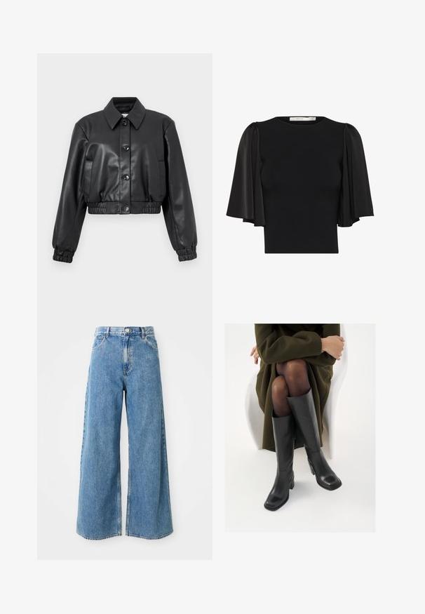 Fekete, rövidített bőrkabát, hegyes gallérral, elöl gombos záródással, rugalmas mandzsettákkal és sima felülettel. Oldalsó zsebek találhatók.; Fekete felső, rövid puffos ujjal, áttetsző anyagból készült, kerek nyakú és testhezálló fazonú. Puha tapintású, sima felületű.; Világoskék, magas derekú, bő szárú farmernadrág, elöl gombos, cipzáras záródással és elülső zsebekkel, fehér háttéren.; Térdfelett érő fekete bőr csizmák négyzet alakú orral és tömbtalppal, olajzöld kabátban ülő modellel bemutatva. Simaság, minimalista részletezés.