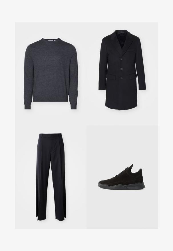 Abrigo de lana negra con solapa muesca, diseño de un solo botón, cinco botones, dos bolsillos frontales y forro interior suave.; Tiger of Sweden CONNOR - Jersey de punto - grey street; Pantalones negros de tiro alto con corte de pierna ancha, confeccionados en una tela suave. Presenta pliegues en la parte delantera y trabillas para cinturón. Diseño minimalista, sin hardware visible.; Zapatilla de ante negro con un perfil bajo, parte superior texturizada, cordones planos y una suela de goma sólida que presenta un ligero tacón y un diseño curvado.