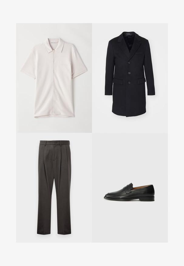 Juodas vilnonis pūkinis kailis su įpjovomis atlapais, vieno užsegimo dizainu, penkiomis saga, dviem priekinėmis kišenėmis ir sklandžiu vidiniu pamušalu.; Šviesiai smėlinis trumpomis rankovėmis, mygtukais užsegamas polo marškinėlis su subtilia tekstūra ir "Tiger of Sweden" etikete apykaklėje.; Tamsiai pilki kelnės, pagamintos iš tekstūruoto audinio, su plokščiu priekiniu pjūviu, klostėmis, tiesiomis kojomis ir diržo kilputėmis. Matomų metalinių detalių ar raštų nėra.; Juodas odinis loaferis su apvaliu nosiu, subtiliomis siuvimo detalėmis ir žemu kulnu, pasižymintis lygia tekstūra ir minimalistiniu dizainu.