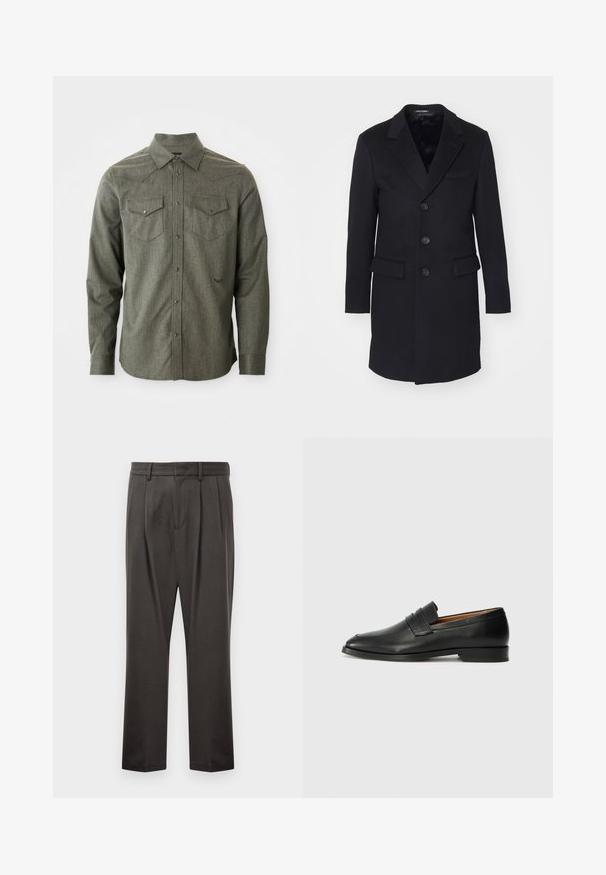 Černý vlněný kabát s výstřihovým límečkem, jednoradovým zapínáním, pěti knoflíky, dvěma předními kapsami a hladkým vnitřním podšívkou.; Zelená, dlouhá košile na knoflíky s dlouhým rukávem vyrobená z texturované látky. Obsahuje dvě kapsy na hrudi a špičatý límec s detailem v západním stylu.; Tmavě šedé kalhoty z texturované látky, s plochým předním dílem, sklady, rovnými nohavicemi a poutky na pásek. Bez viditelného kovového spojení nebo vzorů.; Černé kožené mokasíny s kulatou špičkou, jemným prošíváním a nízkým podpatkem, s hladkým povrchem a minimalistickým designem.