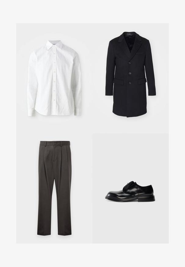 Čierny vlnený kabát s vykrojeným klopom, jednoradovým zapínaním, piatimi gombíkmi, dvoma prednými vreckami a hladkou podšívkou.; Biela košeľa s dlhým rukávom z bavlneného zmesi, s jemným mriežkovým vzorom, so štandardným golierom, zapínaním na gombíky a manžetami. Hladká textúra.; Tmavo sivé nohavice vyrobené z textúrovanej tkaniny, s plochým predným dielom, prešiami, rovným strihom a pútkami na opasok. Bez viditeľného kovania alebo vzorov.; Čierne kožené spoločenské topánky s guľatou špičkou, hladkým povrchom, šnurovacím dizajnom a zloženým podpätkom. Minimalistický štýl bez viditeľných log.