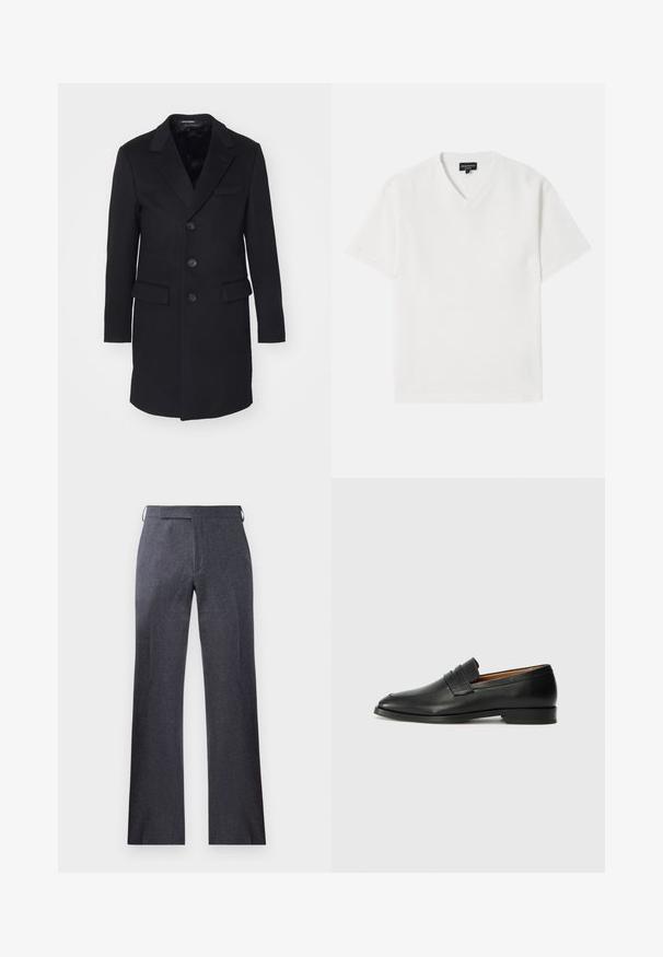 Čierny vlnený kabát s vykrojeným klopom, jednoradovým zapínaním, piatimi gombíkmi, dvoma prednými vreckami a hladkou podšívkou.; Biela tričko s krátkym rukávom a výstrihom do V vyrobené z textúrovanej látky so subtilným vzorom. Má malé logo na hrudi.; Sivé šité nohavice vyrobené z textúrovaného materiálu, s rovný strihom, jemným záhybom a bočnými pútkami na opasok.; Čierne kožené mokasíny s okrúhlou špičkou, jemným prešitím a nízkym podpätkom, s hladkou textúrou a minimalistickým dizajnom.