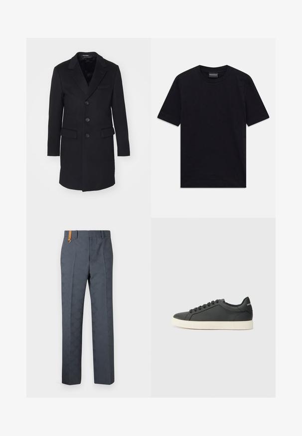 Black wool coat with a notched lapel, single-breasted design, five buttons, two front pockets, and smooth interior lining.; Black short-sleeve crew neck T-shirt with subtle embossed pattern and brand label inside collar, laid flat on white background.; Gray patterned trousers with a smooth texture, featuring a flat front and a brown leather accent on the waistband. Tailored fit with straight legs.; Black leather sneaker with a low profile, rounded toe, and lace-up closure; features a textured rubber sole and logo detail on the heel.