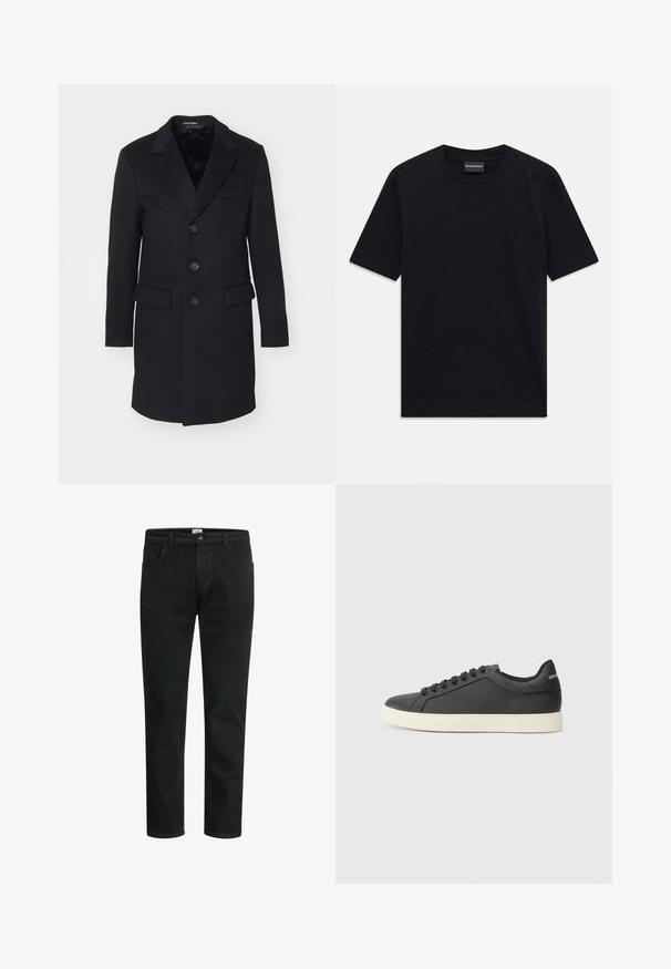 Zwarte wollen jas met een geknipt revers, enkelgeknoopte stijl, vijf knopen, twee voorkeuzes en een gladde binnenvoering.; Zwarte T-shirt met korte mouwen en ronde hals met een subtiele reliëfpatroon en merklabel in de kraag, plat gelegd op een witte achtergrond.; Zwarte denim jeans met een rechte snit, voorzien van een knoop- en ritssluiting, vijf zakken en minimale stikseldetails.; Zwarte leren sneaker met een laag profiel, ronde neus en vetersluiting; beschikt over een getextureerde rubberen zool en logo-detail op de hiel.