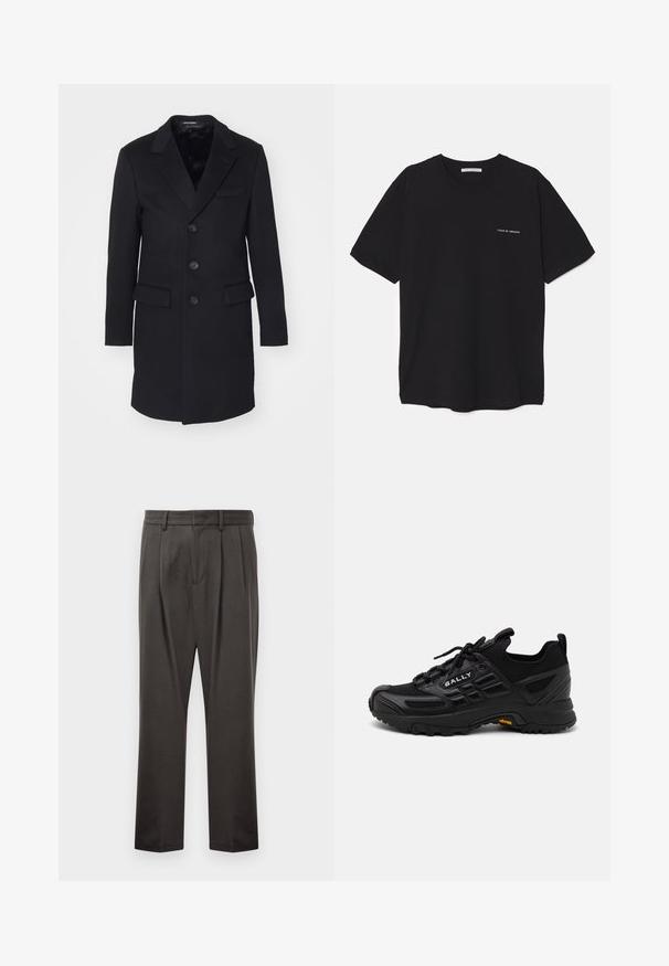 Cappotto di lana nera con rever a punta, design monopetto, cinque bottoni, due tasche anteriori e foderatura interna liscia.; T-shirt in cotone nero con collo rotondo, maniche corte e stampa bianca del logo sul lato sinistro del petto. Design semplice e monocromatico.; Pantaloni grigi scuri realizzati in tessuto testurizzato, con fronte piatto, pince, gambe dritte e passanti per cintura. Nessuna ferramenta o motivo visibile.; Scarpe da ginnastica nere realizzate con un mix di materiali sintetici testurizzati e rete. Presentano una suola robusta, un sistema di allacciatura e un dettaglio del logo prominente.