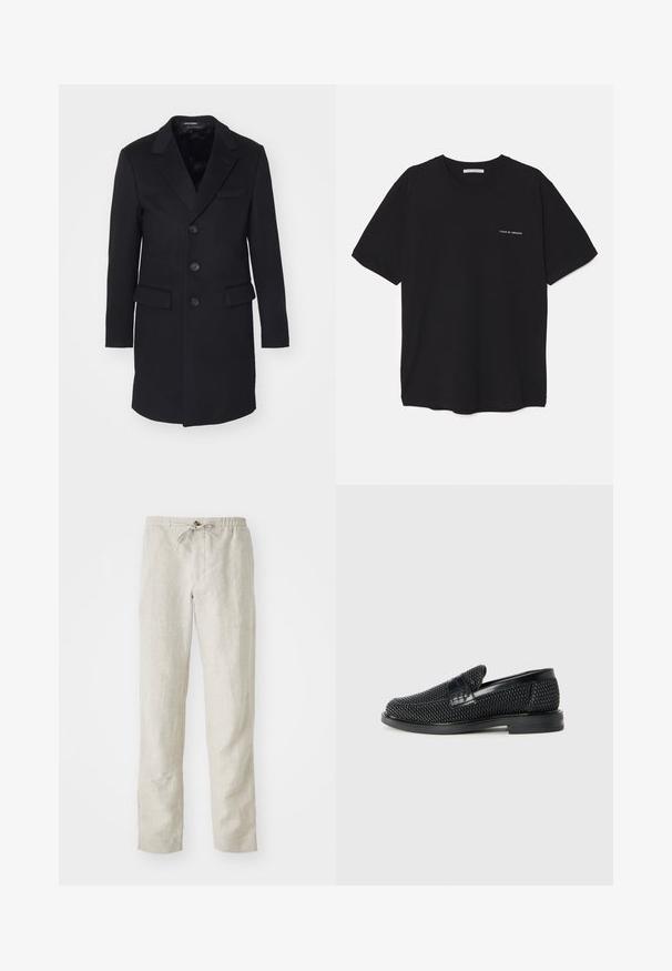 Čierny vlnený kabát s vykrojeným klopom, jednoradovým zapínaním, piatimi gombíkmi, dvoma prednými vreckami a hladkou podšívkou.; Čierne bavlnené tričko s okrúhlym výstrihom, krátkymi rukávmi a bielou potlačou loga na ľavej hrudi. Jednoduchý, jednoliaty dizajn.; Svetlo béžové ľanové nohavice so priamej nohe, elastickým pásom, nastaviteľným šnurovaním a bez viditeľných vzorov alebo kovania.; Čierne tkané slip-on topánky s hladkým koženým akcentom na vrchnej časti, s okrúlym dizajnom špičky a nízkoprofilovou gumovou podrážkou.