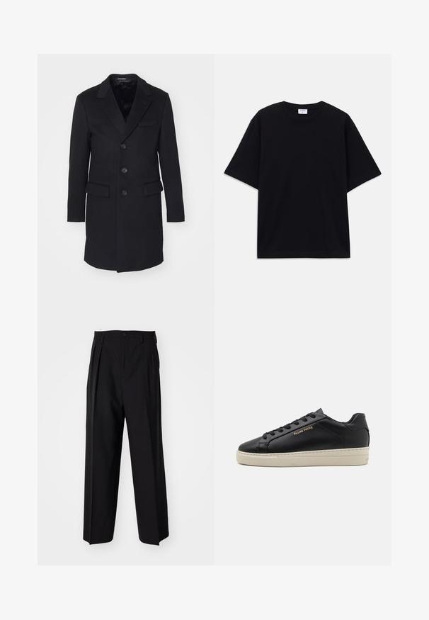 Abrigo de lana negra con solapa muesca, diseño de un solo botón, cinco botones, dos bolsillos frontales y forro interior suave.; Camiseta oversized de manga corta en negro con escote redondo y etiqueta de la marca Filippa K visible en el interior del cuello.; Pantalones negros plisados con un diseño recto y de pierna ancha. Fabricados en una tela suave, presentan un cierre de botón y trabillas para el cinturón.; Zapatilla de cuero negra con un acabado suave, suela crema en contraste, puntera redonda, logo dorado en el lateral y seis ojales para los cordones.