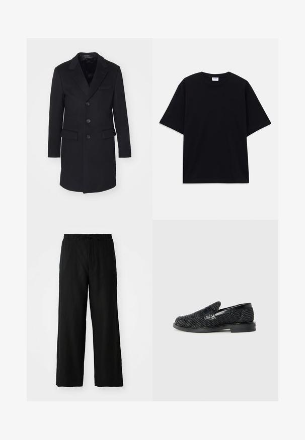 Palton negru din lână, cu rever tăiat, design cu un singur rând de nasturi, cinci nasturi, două buzunare frontale și căptușeală interioară fină.; Tricou oversized cu mânecă scurtă, de culoare neagră, cu decolteu rotund și etichetă Filippa K vizibilă în interiorul gulerului.; Pantaloni negri cu picioare largi, confecționați dintr-un material ușor, având un brant elastic cu șnur și fără buzunare vizibile sau modele.; Pantofii negri din material textil, cu accent din piele netedă pe partea superioară, design cu vârf rotund și talpă din cauciuc de profil redus.