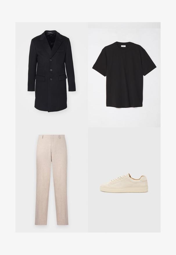 Crni kaput od vune s reverima, jednostrukim kopčanjem, pet dugmadi, dva prednja džepa i glatkom unutrašnjom podstavom.; Crna pamučna majica sa okruglim izrezom, kratkim rukavima i opuštenim krojem. Jednostavan dizajn, glatka tekstura i bez vidljivih uzoraka ili logotipa.; Svijetlosmeđe krojene hlače od teksturirane tkanine. Dizajn ravnih nogavica s dva prednja džepa i ravnim prednjim dijelom. Nema vidljive opreme.; Bež antilop tenisice s niskim dizajnom, okruglim vrhom, ravnim vezicama i teksturiranom gumenom potplatu. Minimalistički stil bez vidljivih logotipa.