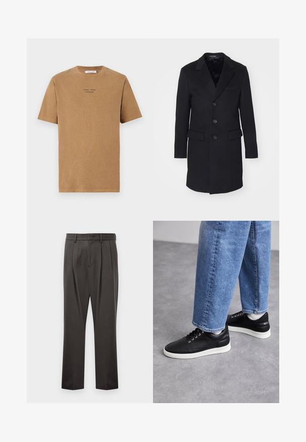 Cappotto di lana nera con rever a punta, design monopetto, cinque bottoni, due tasche anteriori e foderatura interna liscia.; T-shirt di cotone marrone con scollo a girocollo, maniche corte e testo nero che recita "SAMSE SAMSE COPENHAGEN" sulla parte anteriore.; Pantaloni grigi scuri realizzati in tessuto testurizzato, con fronte piatto, pince, gambe dritte e passanti per cintura. Nessuna ferramenta o motivo visibile.; Sneakers in pelle nera con suole in gomma bianca, dotati di lacci rotondi, superficie liscia e un sottile marchio sul tallone. Indossati con jeans blu.