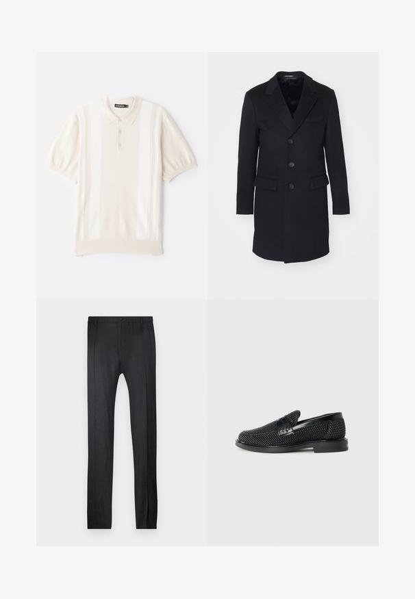 Melna vilnas mētelis ar izgriezumu, vienas rindas slēgšana, pieci pogas, divas priekšējās kabatas un gluda iekšējā odere.; Kremkrāsas T-krekls ar īsām piedurknēm ar gludu tekstūru, kas satur trīs pogas, viegli pamanāmas vertikālas svītras un klasisku apkakles dizainu.; Emporio Armani TROUSER - Auduma bikses - nero; Melnas austas slaidu kurpes ar gludu ādas akcentu augšpusē, apaļas formas purngalu un zemas profila gumijas zoli.