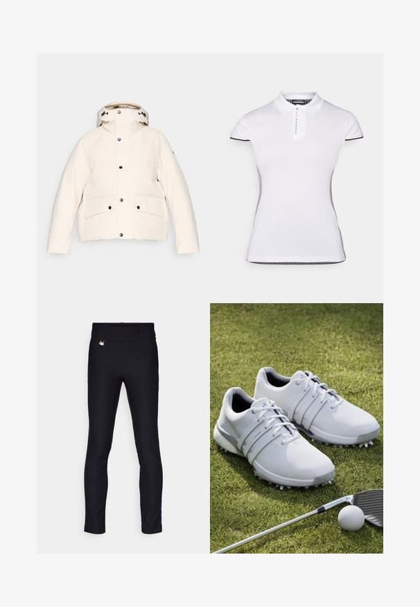 Krēmkrāsas pūkaina jaka, izgatavota no gludas auduma. Iezīmēta ar augstu apkakli, regulējamu kapuci, lielām priekšējām kabatām un melnām pogām.; Balts polo krekls ar īsām piedurknēm, apkakli un priekšējo pogu aizdari. Melnas akcenti piedurknēm un sānu šuvēm. Mīksta, gluda tekstūra.; Melni slim-fit bikses no elastīga auduma. Iezīmējas ar gludu tekstūru, plakanu jostu un sudraba aksesuāru priekšpusē.; Baltas golfa apavu ar sintētisku augšdaļu, teksturētu paneļu un auklu dizainu. Iespējas ietver izteiktus zoles uzgaļus un mīkstus zolītes.