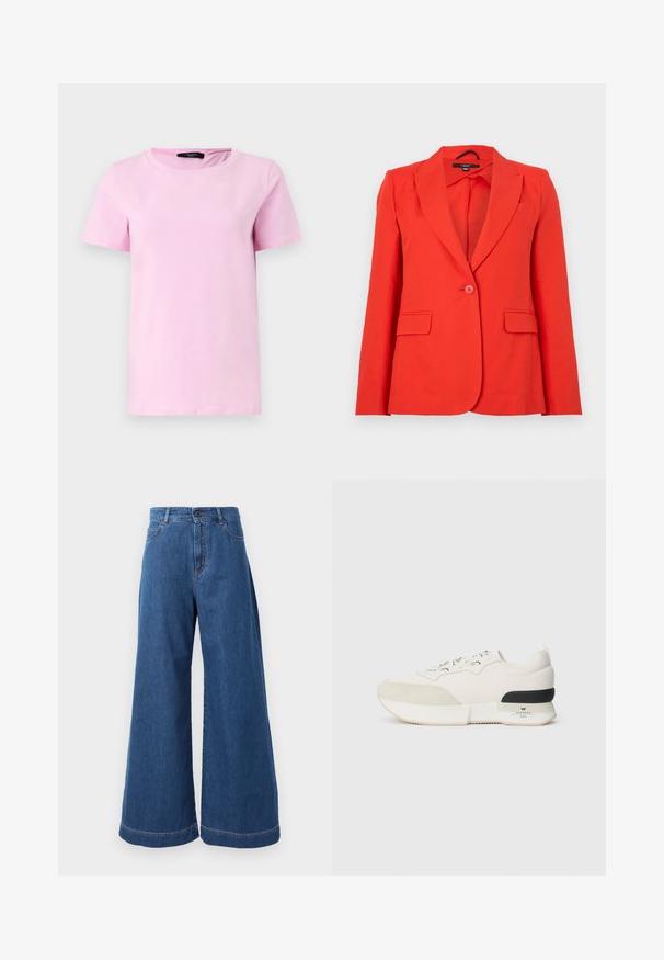 Červený na mieru šitý blazer vyrobený z hladkej látky. Má vystúpené klopy, dve predné vrecká, jediné zapínanie na gombík a priliehavý strih.; Krátke ružové bavlnené tričko s okrúhlym výstrihom a krátkymi rukávmi, s hladkou textúrou a jednoduchým dizajnom bez viditeľných vzorov.; Široké rifle v stredne modrej denime, s vysokým pásom, prednými vreckami a kontrastným prešívaním pozdĺž švov a okrajov.; Biele tenisky so štruktúrovanou semišovou špičkou, hladkým sieťovinovým zvrškom, dekoratívnymi šnúrkami a čiernym gumovým akcentom na päte.