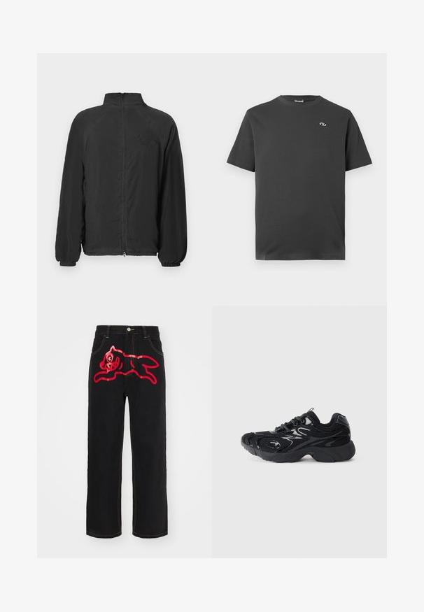 Fekete zipzáras dzseki magas gallérral, bordázott mandzsettákkal és texturált anyaggal. Nyomott logó található a mellkason. Könnyű kialakítás.; Sötét szürke, rövid ujjú pamut póló. Kerek nyakkivágással és egy kis, fehér logóval a bal mellső részen.; Fekete farmernadrág, amelynek hátsó zsebe egy nagy, piros grafikával ellátott, ugró macskát ábrázol, kontrasztos sárga varrással az illesztéseken.; Fekete sportcipő hálós anyagból és szintetikus részletekből, lekerekített orrú, texturált talppal és kontrasztos fényes részletekkel a felső részen.