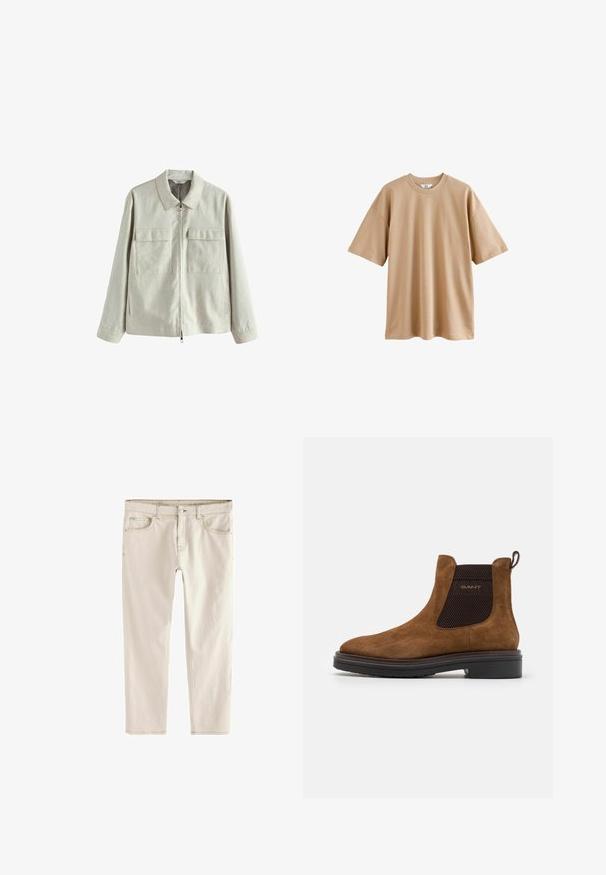 Világosszürke, cipzáros dzseki, textúrált anyagból készült, klasszikus gallérral, két mellzsebbel és oldalsó hasítékokkal a részletgazdagság érdekében.; Rövid ujjú bézs póló, pamutból készült, kerek nyakkal és laza szabással. Simább textúrával rendelkezik, minta vagy díszítés nélkül.; Világos bézs, slim-fit fazonú farmernadrág, egyenes szárú, öt zsebbel, gombos és cipzáras záródással, valamint megerősített varrásokkal az illesztések mentén.; Barna velúr bokacsizma kerek orral és rugalmas oldalsó panelekkel. Fekete texturált részlet jellemzi, valamint hátsó húzóhurok. Fekete talp.