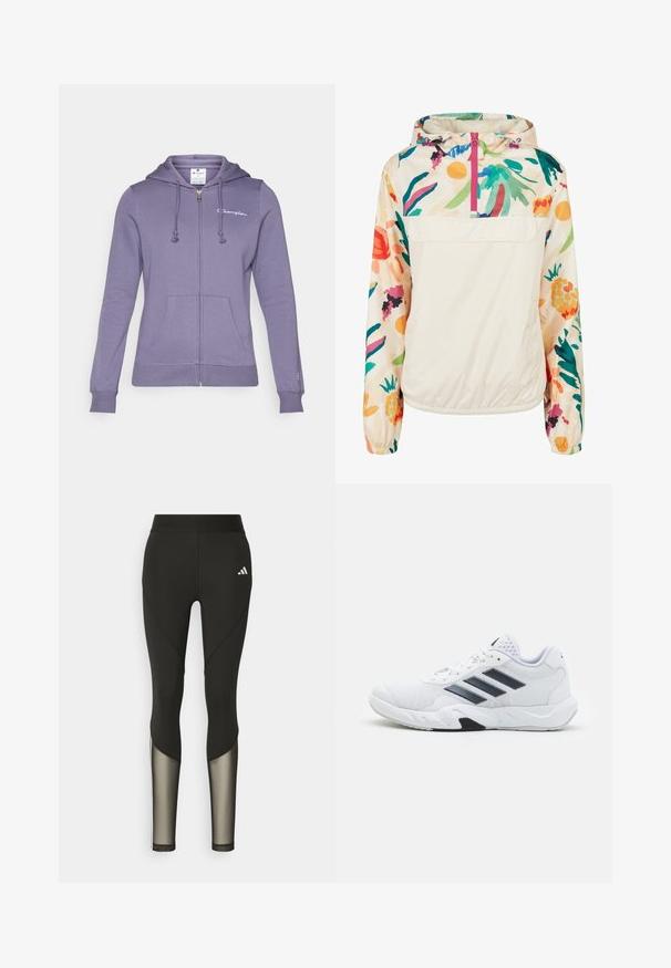 Giacca leggera a pullover in crema con un motivo floreale dai colori vivaci. Caratterizzata da una zip anteriore, cappuccio e polsini elastici per una vestibilità sicura.; Felpa con zip viola realizzata in morbido misto cotone, con cappuccio regolabile, tasche frontali e piccolo logo sul petto. Texture liscia e design aderente.; Camicia blu a maniche corte con una vivace stampa di farfalle in vari colori, dotata di un grande logo bianco sul davanti e di un collo rotondo.; Leggings sportivi neri con vita alta, dotati di inserti in rete sulla parte inferiore delle gambe e di un logo ricamato sull'anca.; Scarpa sportiva bianca con tomaia in mesh, tre strisce nere sui lati, dettagli testurizzati e una suola in gomma robusta con una sezione nera a contrasto.