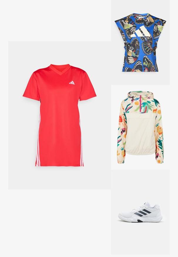 Lekka, kremowa kurtka z kapturem z kwiatowym wzorem w intensywnych kolorach. Posiada zamek z przodu, kaptur i elastyczne mankiety dla pewnego dopasowania.; Czerwona sukienka sportowa z krótkimi rękawami, dekoltem w serek, wykonana z gładkiego materiału; ma białe paski po bokach i małe białe logo na piersi.; Niebieska koszula z krótkim rękawem z żywym nadrukiem motyli w różnych kolorach, z dużym białym logo z przodu i okrągłym dekoltem.; Białe buty sportowe z siateczkową cholewką, trzy czarne paski po boku, teksturowane akcenty i solidna gumowa podeszwa z kontrastującą czarną sekcją.