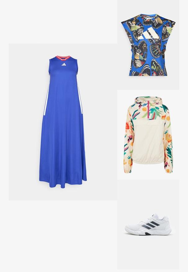 Lengvas, kreminės spalvos megztinis su gėlėmis ryškiomis spalvomis. Savybės: priekinis užtrauktukas, kapišonas ir elastingi rankogaliai, užtikrinantys tvirtą tinkamumą.; Mėlyna maksi suknelė, pagaminta iš lengvos medžiagos, su apvaliu kaklu, be rankovių ir raudonomis detalėmis ant apykaklės. Šoninės juostos baltos spalvos.; Mėlyna trumpomis rankovėmis marškinėliai, puošti ryškiais drugelių motyvais įvairiomis spalvomis, su dideliu baltu logotipu priekyje ir apvaliu iškirpimu.; Baltas sportinis batelis su tinklelio viršumi, trimis juodomis juostelėmis šone, tekstūruotais akcentais ir tvirtu guminio pado su kontrastinga juoda dalimi.