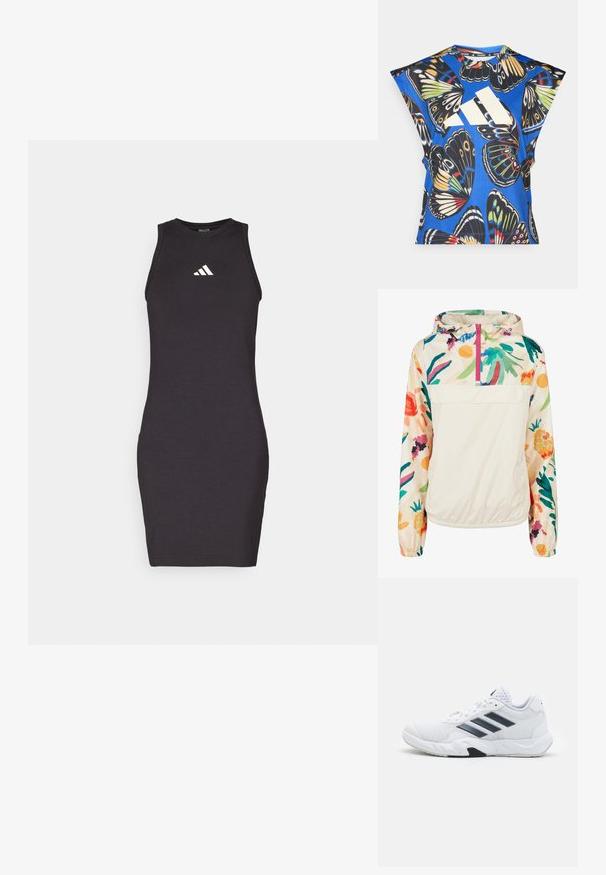 Lengvas, kreminės spalvos megztinis su gėlėmis ryškiomis spalvomis. Savybės: priekinis užtrauktukas, kapišonas ir elastingi rankogaliai, užtikrinantys tvirtą tinkamumą.; Juoda beRankovių suknelė, pagaminta iš minkštos medžiagos. Turi prigludusią formą ir baltą Adidas logotipą ant krūtinės. Tiesi apatinė dalis.; Mėlyna trumpomis rankovėmis marškinėliai, puošti ryškiais drugelių motyvais įvairiomis spalvomis, su dideliu baltu logotipu priekyje ir apvaliu iškirpimu.; Baltas sportinis batelis su tinklelio viršumi, trimis juodomis juostelėmis šone, tekstūruotais akcentais ir tvirtu guminio pado su kontrastinga juoda dalimi.
