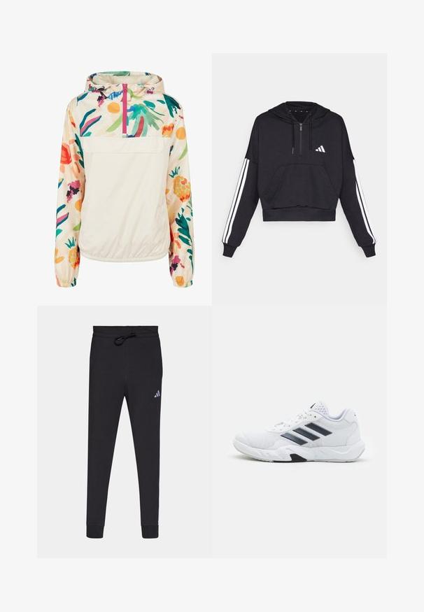 Könnyű, krémszínű pulóver dzseki élénk színekben pompázó virágmintával. Elöl cipzárral, kapucnival és elasztikus mandzsettákkal a biztonságos illeszkedés érdekében.; Fekete, rövidített kapucnis pulóver puha anyagból, elöl zsebbekkel, cipzárral, valamint fehér csíkokkal az ujjak mentén és logóval a mellkasán.; Fekete sportnadrág, puha anyagból, húzózsinórral ellátott derekkal, beszűkített lábakkal és egy kis fehér Adidas logóval a bal combon.; Fehér sportcipő, hálós felsőrésszel, az oldalon három fekete csíkkal, textúrázott részletekkel és egy tartós gumi talppal, amelynek ellentétes fekete szakasza van.