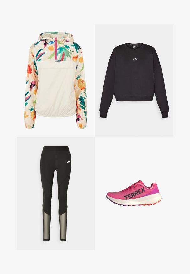 Giacca leggera a pullover in crema con un motivo floreale dai colori vivaci. Caratterizzata da una zip anteriore, cappuccio e polsini elastici per una vestibilità sicura.; Felpa nera con maniche lunghe, scollo tondo e orlo corto. Presenta un piccolo logo Adidas bianco sul petto. Materiale morbido.; Leggings sportivi neri con vita alta, dotati di inserti in rete sulla parte inferiore delle gambe e di un logo ricamato sull'anca.; Scarpa sportiva rosa con marchio "TERREX", parte superiore in mesh leggero, intersuola bianca imbottita e suola in gomma multicolore con presa.