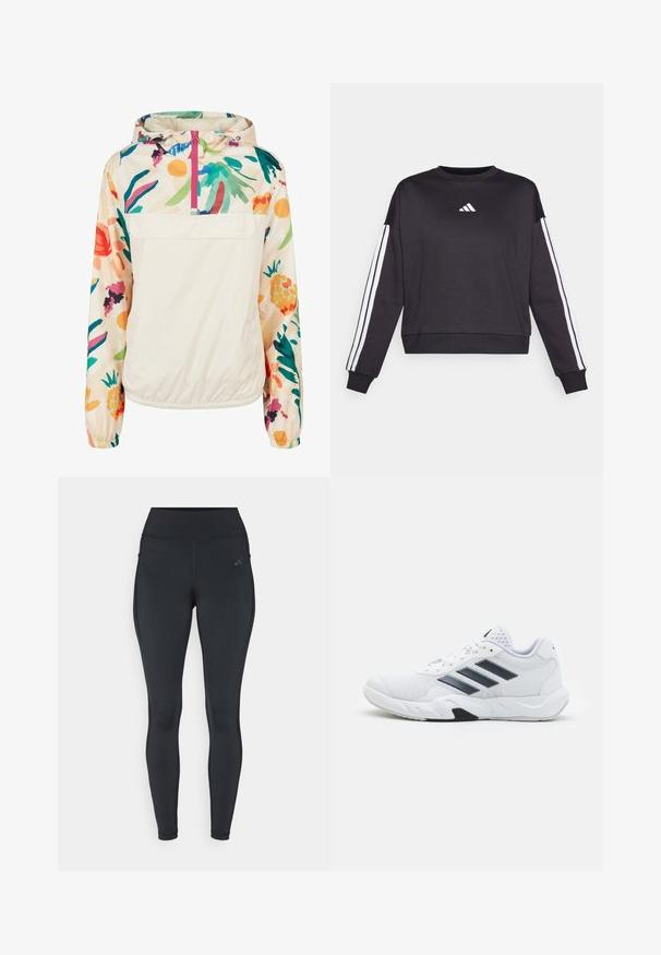 Lengvas, kreminės spalvos megztinis su gėlėmis ryškiomis spalvomis. Savybės: priekinis užtrauktukas, kapišonas ir elastingi rankogaliai, užtikrinantys tvirtą tinkamumą.; Juodas megztinis ilgomis rankovėmis, su baltu Adidas logotipu ant krūtinės ir baltais raiščiais ant kiekvienos rankovės. Minkšta medžiaga, apvalus kaklas.; Juodi leggingai su aukštu juosmeniu, elegantiškas dizainas, tampri medžiaga ir šoninės kišenės. Viršutinėje kojoje yra subtilus prekės ženklo logotipas.; Baltas sportinis batelis su tinklelio viršumi, trimis juodomis juostelėmis šone, tekstūruotais akcentais ir tvirtu guminio pado su kontrastinga juoda dalimi.