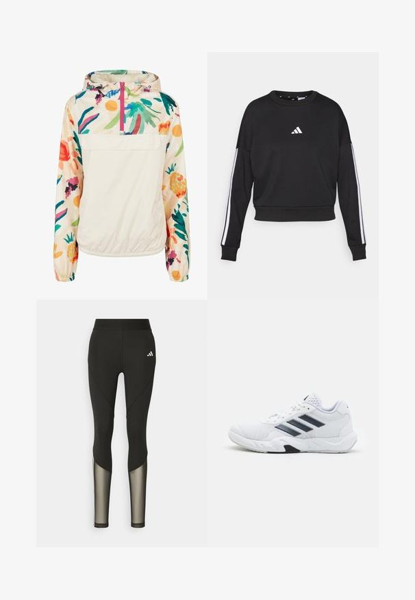 Lightweight, cream pullover jacket with a floral pattern in vibrant colors. Features a front zip, hood, and elastic cuffs for a secure fit.; Black sweatshirt with long sleeves, a crew neck, white Adidas logo on the chest, and white stripes along the sleeves. Soft texture.; Black athletic leggings with a high waistband, featuring mesh accents on the lower legs and an embroidered logo on the hip.; White athletic shoe with mesh upper, three black stripes on the side, textured accents, and a sturdy rubber sole with a contrasting black section.