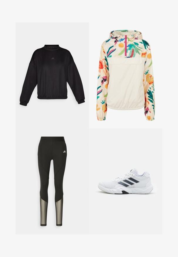 Giacca leggera a pullover in crema con un motivo floreale dai colori vivaci. Caratterizzata da una zip anteriore, cappuccio e polsini elastici per una vestibilità sicura.; Felpa nera a maniche lunghe con un collo alto, presenta polsini e orlo elasticizzati, realizzata in un tessuto liscio, decorata con un logo discreto sul petto.; Leggings sportivi neri con vita alta, dotati di inserti in rete sulla parte inferiore delle gambe e di un logo ricamato sull'anca.; Scarpa sportiva bianca con tomaia in mesh, tre strisce nere sui lati, dettagli testurizzati e una suola in gomma robusta con una sezione nera a contrasto.