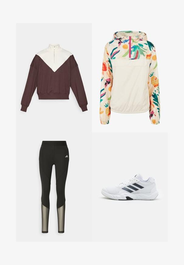 Lehký krémový pulover s květinovým vzorem v živých barvách. Má přední zip, kapuci a elastické manžety pro bezpečné nošení.; Hnědý a krémový pulovr s polozipem, který se vyznačuje designem v podobě barevného bloku ve tvaru V, žebrovanými manžetami a měkkou texturou.; Černé sportovní legíny s vysokým pasem, které mají síťované prvky na dolních nohavicích a vyšívané logo na boku.; Bílé sportovní boty s vrškem ze síťoviny, třemi černými pruhy po stranách, texturovanými akcenty a odolnou gumovou podrážkou s kontrastní černou částí.