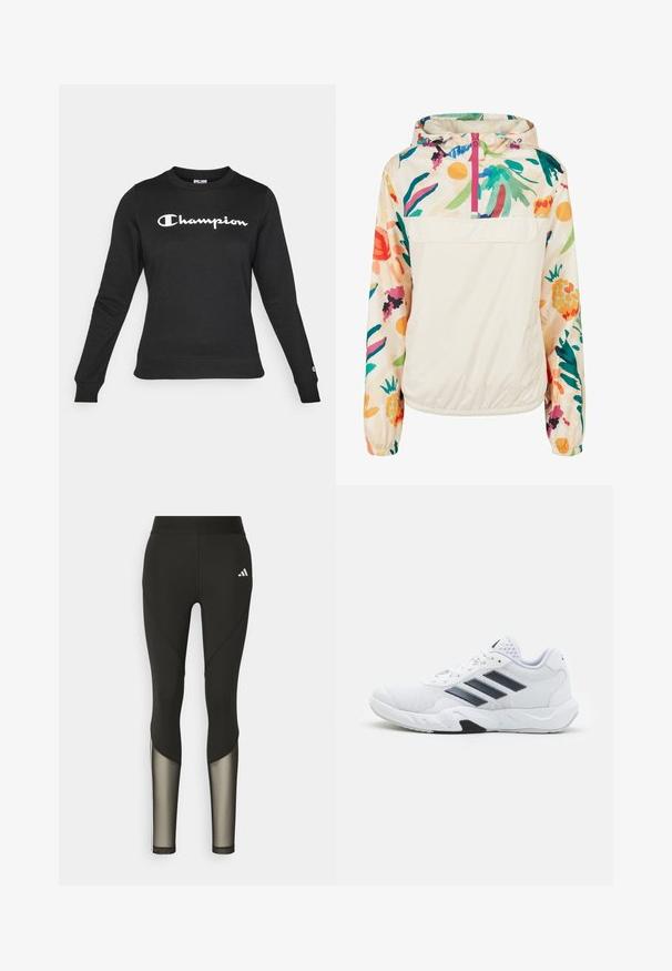 Lichtgewicht, crèmekleurige pulloverjack met een bloemenpatroon in levendige kleuren. Voorzien van een rits aan de voorkant, een capuchon en elastische manchetten voor een omsloten pasvorm.; Zwarte sweatshirt van katoen met een ronde hals. Bevat een witte 'Champion'-logo op de borst en ribbels aan de mouwen.; Zwarte sportleggings met een hoge tailleband, voorzien van meshaccenten op de onderbenen en een geborduurd logo op de heup.; Witte sportieve schoen met een bovenwerk van mesh, drie zwarte strepen aan de zijkant, gestructureerde accenten en een stevige rubberen zool met een contrasterend zwart gedeelte.