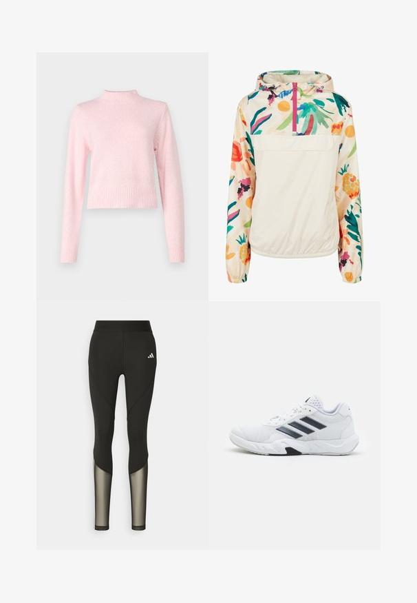 Giacca leggera a pullover in crema con un motivo floreale dai colori vivaci. Caratterizzata da una zip anteriore, cappuccio e polsini elastici per una vestibilità sicura.; Maglione rosa chiaro con collo alto e maniche lunghe. Realizzato in una morbida texture, presenta un orlo e polsini a coste per un look aderente.; Leggings sportivi neri con vita alta, dotati di inserti in rete sulla parte inferiore delle gambe e di un logo ricamato sull'anca.; Scarpa sportiva bianca con tomaia in mesh, tre strisce nere sui lati, dettagli testurizzati e una suola in gomma robusta con una sezione nera a contrasto.