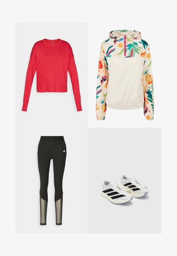 Gaišs, krēmkrāsas džemperis ar ziedu rakstu spilgtās krāsās. Iespējas ietver priekšējo rāvējslēdzēju, kapuci un elastīgas aproces drošai piegulšanai.; Sarkans garām piedurknēm ar apaļu kakla izgriezumu, izgatavots no mīksta auduma, ar raglanu piedurknēm, plakaniem šuvēm un brīvu siluetu. Nav redzamas zīmola atpazīšanas.; Melna sporta leggingi ar augstu jostasvietu, kas ar tīkla akcentiem apakšējās kājās un iešūtu logo gurnā.; Baltas sporta apavi ar melniem svītrainiem un zīmolu, ar sietveida augšdaļu, apaļu purngalu un biezu krēmkrāsas zoli, kas nodrošina amortizāciju.