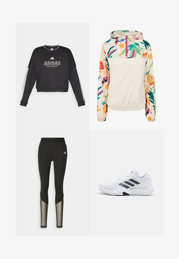 Gaišs, krēmkrāsas džemperis ar ziedu rakstu spilgtās krāsās. Iespējas ietver priekšējo rāvējslēdzēju, kapuci un elastīgas aproces drošai piegulšanai.; Melnā Adidas sporta krekls ar baltu zīmola apzīmējumu un sānu joslām, ar brīvu piegriezumu un V veida kakla dizainu.; Melna sporta leggingi ar augstu jostasvietu, kas ar tīkla akcentiem apakšējās kājās un iešūtu logo gurnā.; Baltā sporta apavi ar sietu augšdaļu, trīs melnām svītrām sānos, teksturētām akcentiem un izturīgu gumijas zoli ar kontrastējošu melnu daļu.
