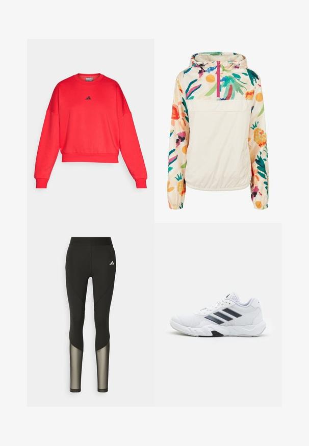 Gaišs, krēmkrāsas džemperis ar ziedu rakstu spilgtās krāsās. Iespējas ietver priekšējo rāvējslēdzēju, kapuci un elastīgas aproces drošai piegulšanai.; Sarkans cropped džemperis ar apaļu kakla izgriezumu un nolaistām plecu šuvēm. Uz krūtīm ir neliels melns Adidas logo. Gluda auduma tekstūra.; Melna sporta leggingi ar augstu jostasvietu, kas ar tīkla akcentiem apakšējās kājās un iešūtu logo gurnā.; Baltā sporta apavi ar sietu augšdaļu, trīs melnām svītrām sānos, teksturētām akcentiem un izturīgu gumijas zoli ar kontrastējošu melnu daļu.