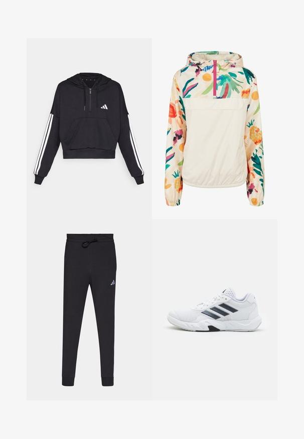 Lehký krémový pulover s květinovým vzorem v živých barvách. Má přední zip, kapuci a elastické manžety pro bezpečné nošení.; Černá zkrácená mikina s kapucí vyrobená z měkké látky, s přední kapsou, zipovým zapínáním a bílými pruhy na rukávech a logem na hrudi.; Černé sportovní kalhoty vyrobené z jemné tkaniny, s elastickým pasem na šňůrku, zúženými nohavicemi a malým bílým logem Adidas na levém stehně.; Bílé sportovní boty s vrškem ze síťoviny, třemi černými pruhy po stranách, texturovanými akcenty a odolnou gumovou podrážkou s kontrastní černou částí.