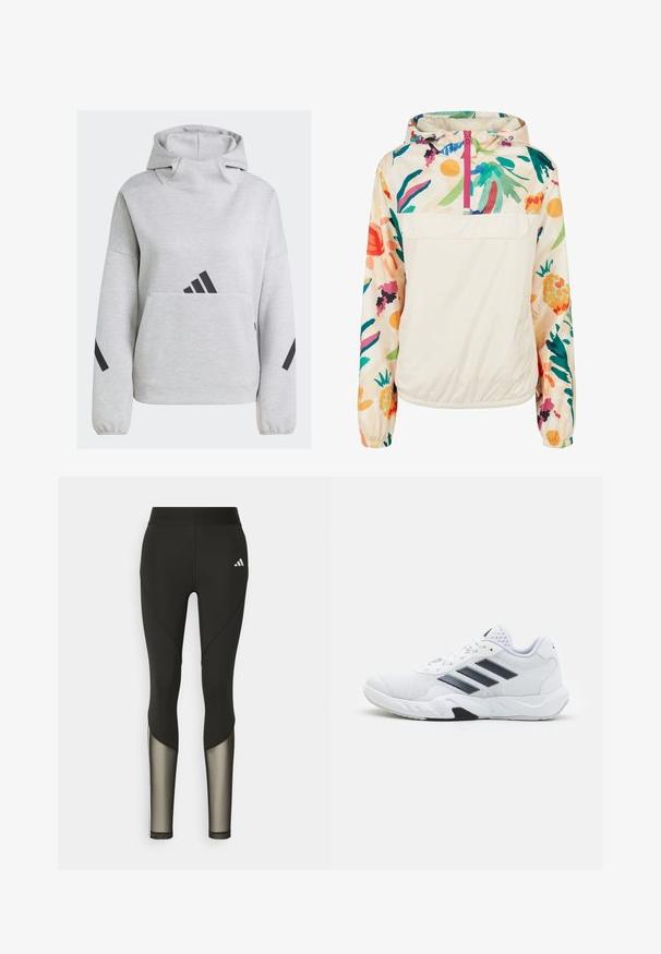 Lightweight, cream pullover jacket with a floral pattern in vibrant colors. Features a front zip, hood, and elastic cuffs for a secure fit.; Light grey hoodie made of soft fabric, featuring black diagonal stripes on sleeves and a front pocket with a bold logo design.; Black athletic leggings with a high waistband, featuring mesh accents on the lower legs and an embroidered logo on the hip.; White athletic shoe with mesh upper, three black stripes on the side, textured accents, and a sturdy rubber sole with a contrasting black section.