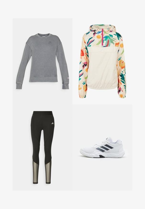 Lätt, krämfärgad pullover-jacka med blommönster i livliga färger. Har en framzip, huva och elastiska ärmslut för en säker passform.; Grå randig sweatshirts med långa ärmar, rund halsringning och logotyp på bröstet. Har muddar och nederkant med en slät finish.; Svarta sportleggings med hög midja, som har meshdetaljer på underbenen och en broderad logga vid höften.; Vit sportskor med mesh-överdel, tre svarta ränder på sidan, texturerade detaljer och en stadig gummisula med en kontrasterande svart del.