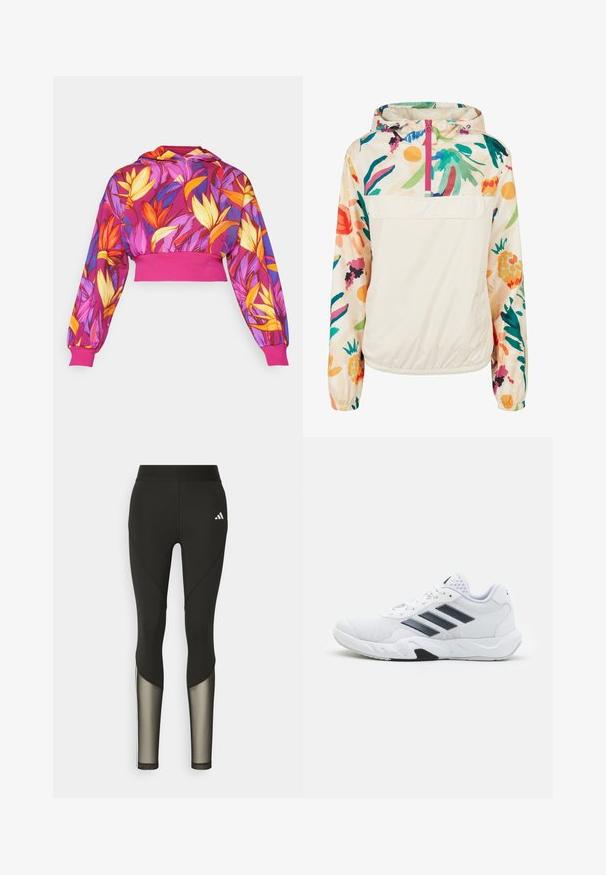Veste à capuche légère en crème avec un motif floral aux couleurs vives. Elle dispose d'une fermeture éclair à l'avant et de poignets élastiques pour un ajustement sécurisé.; Haut en sweat à capuche court avec des motifs floraux vibrants en rose, orange, jaune et violet. Poignets et ourlet côtelés avec une capuche à cordon.; Leggings de sport noirs avec une taille haute, présentant des accents en mesh sur le bas des jambes et un logo brodé sur la hanche.; Baskets blanches avec une tige en maille, trois rayures noires sur le côté, des accents texturés et une semelle en caoutchouc robuste avec une section noire contrastante.