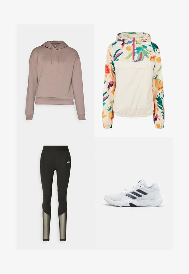Leichter, cremefarbener Pullover-Jacke mit einem blumigen Muster in lebendigen Farben. Verfügt über einen Frontreißverschluss, eine Kapuze und elastische Bündchen für einen sicheren Sitz.; Kapuzensweatshirt aus hellbraunem Stoff, mit lockerer Passform, Kordelzug, gerippten Bündchen und einem gedruckten Logo in der Nähe des Saums.; Schwarze Sportleggings mit hohem Bund, die Mesh-Einsätze an den Unterschenkeln und ein gesticktes Logo an der Hüfte aufweisen.; Weißer Sportschuh mit Mesh-Obermaterial, drei schwarzen Streifen an der Seite, strukturierten Akzenten und einer robusten Gummisohle mit einem kontrastierenden schwarzen Bereich.