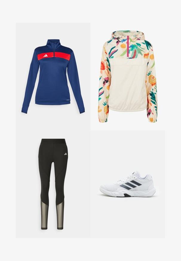 Gaišs, krēmkrāsas džemperis ar ziedu rakstu spilgtās krāsās. Iespējas ietver priekšējo rāvējslēdzēju, kapuci un elastīgas aproces drošai piegulšanai.; Jūras spēku garās piedurknes ceturtdaļas rāvējslēdzēju augšdaļa ar sarkanu horizontālu svītru, balto logotipu, gludu tekstūru un pieguļošu dizainu. Veiktspējas audums.; Melna sporta leggingi ar augstu jostasvietu, kas ar tīkla akcentiem apakšējās kājās un iešūtu logo gurnā.; Baltā sporta apavi ar sietu augšdaļu, trīs melnām svītrām sānos, teksturētām akcentiem un izturīgu gumijas zoli ar kontrastējošu melnu daļu.